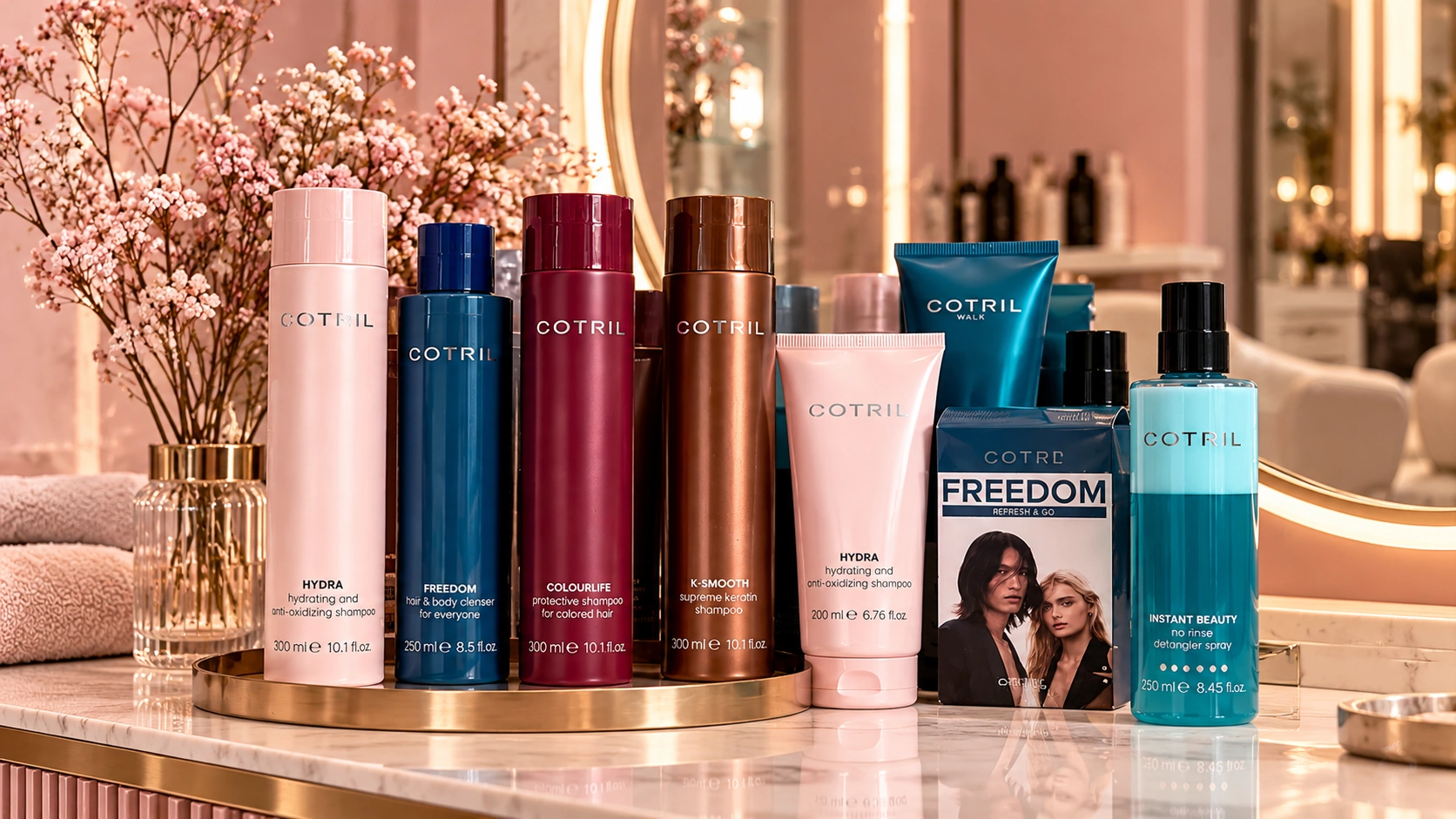 Composizione illustrativa dei prodotti professionali COTRIL, tra shampoo e trattamenti per capelli